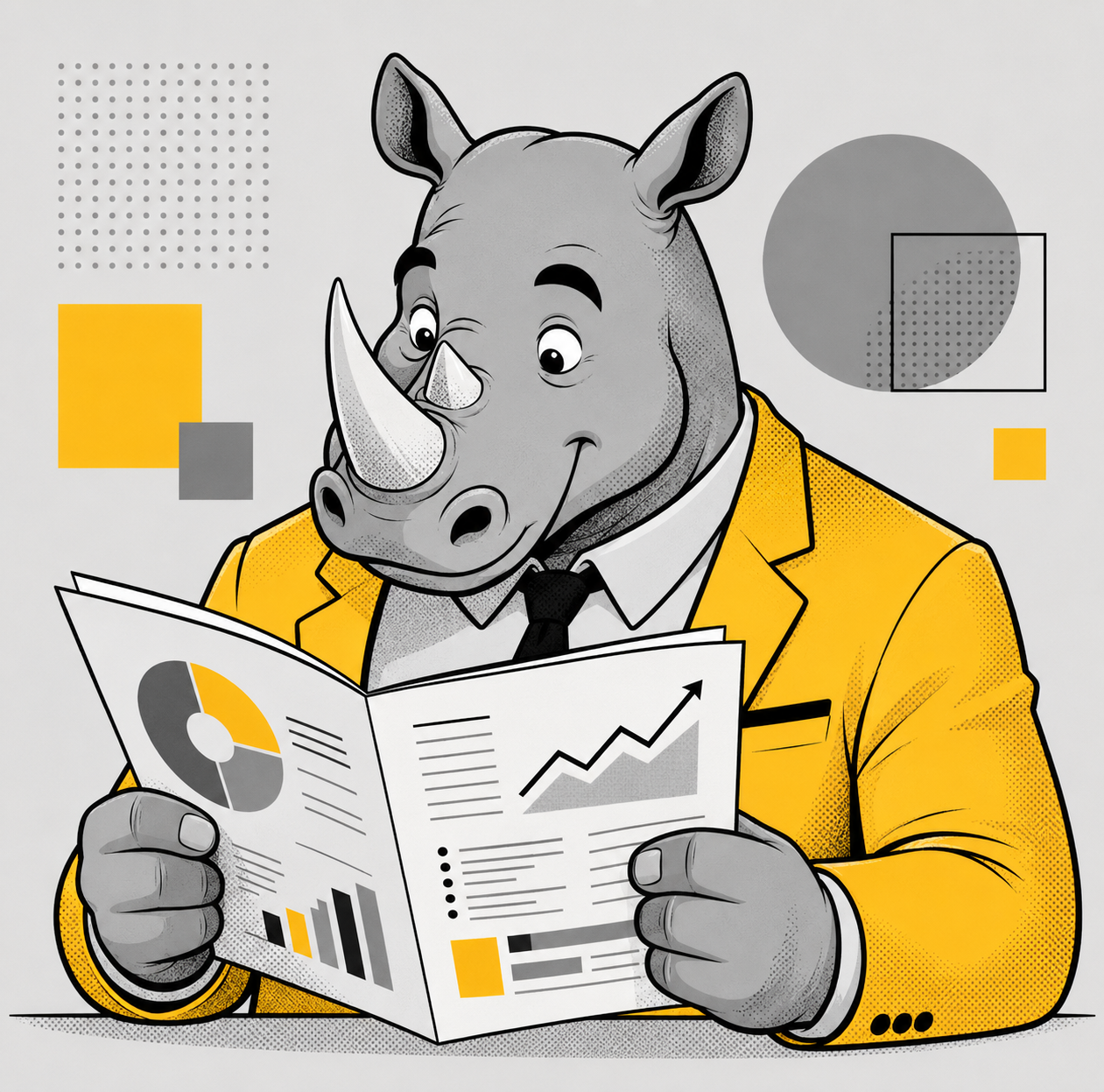 Nashorn im Comicstil liest einen CSR-Bericht