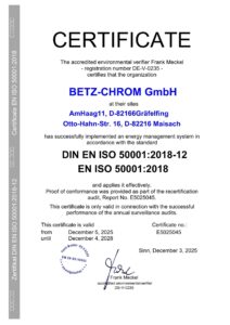 Certificate energy management system DIN EN ISO 50001:2018 Betz-Chrom